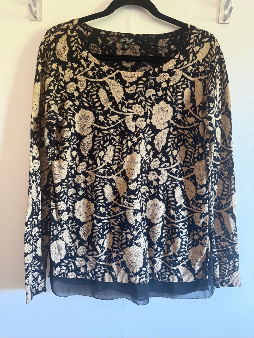 Lucky Brand Floral Knit Sweater M Layered Chiffon Hem Black Beige Boho